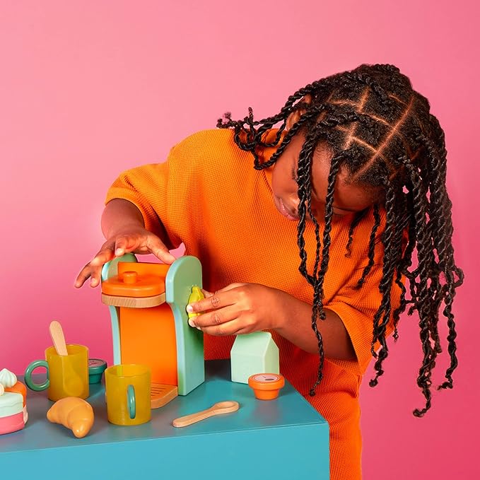 B. toys- Café au Play- Pretend Play Wooden Coffee Maker for Kids- Wooden Coffee Machine Set – 10 Pretend Play Accessories – Kitchen Play Set – 2 Years +