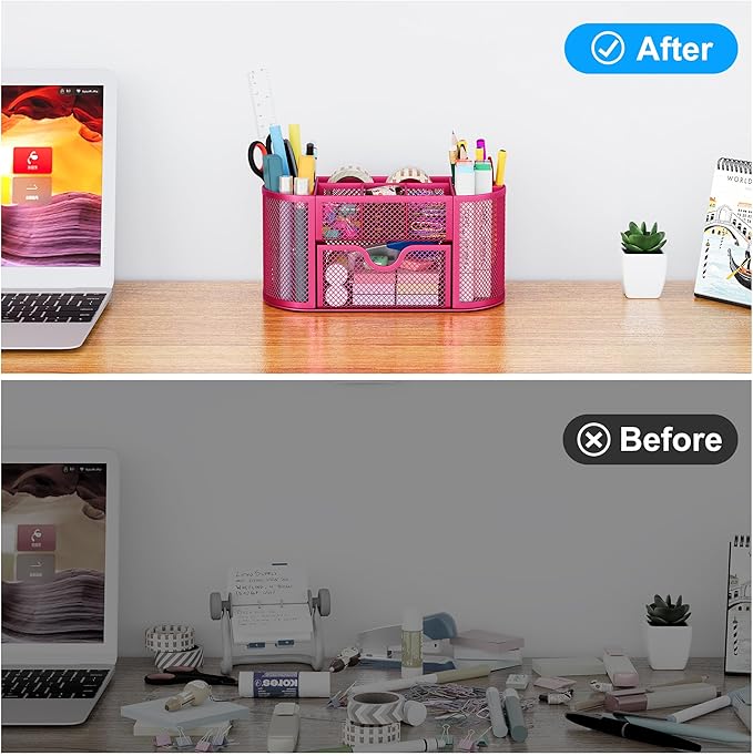 EasyPAG Mesh Pen Holder Desk Organizer with Drawer Stationery Supplies Organizer for Dorm School 9 Compartments Workspace Desk Accessories Organization for Office, Hot Pink