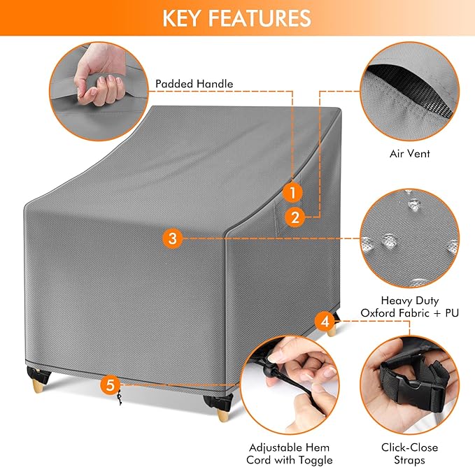 WLEAFJ Outdoor Chair Covers Waterproof, Gray Lawn Patio Furniture Covers, Heavy Duty Wicker Garden Sofa Chair Cover, 2 Pack - 36" W x 37" D x 36" H
