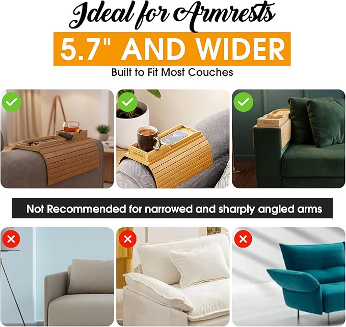 Bamboo Couch Cup Holder Tray with 2 Cork Coasters, Caddy, Anti-Slip Foldable Armrest Sofa Tray, Anti-Spill Holder for Remote, Snacks, Cellphone - Ideal Gift