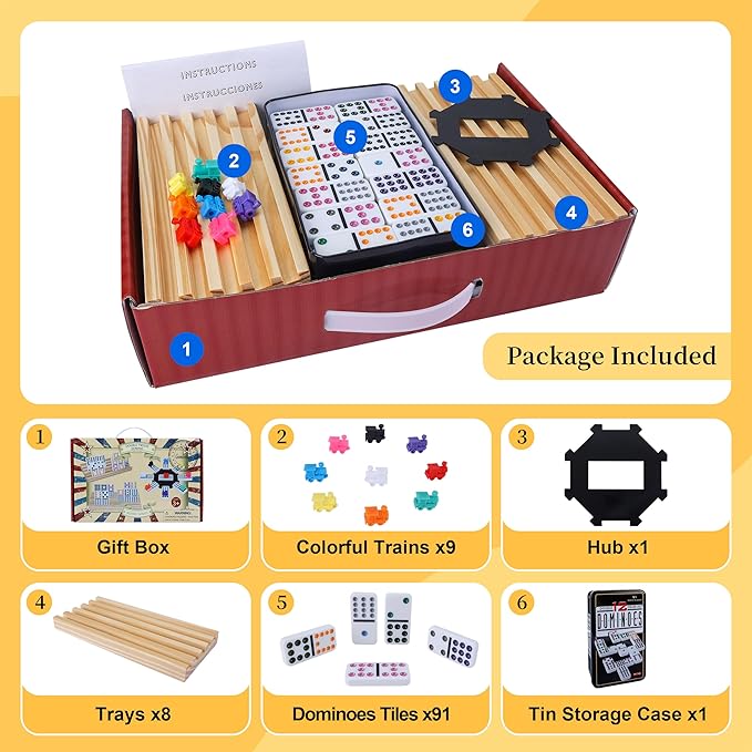 Double 12 Mexican Train Dominoes Set for Adults with 8pcs Wooden Trays, 9 Train Markers, 91 Color Dot Tile Dominos in Tin Box & Hub - Classic Family Board Game Set Party Toy Gift for Kids