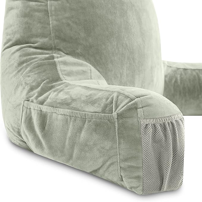 Husband Pillow Medium Desert Sage, Backrest for Kids, Teens, Petite Adults - Reading Pillows with Arms, Adjustable Plush Memory Foam, Bed Rest Chair Sitting Up, Detach Neck Roll, Removable Cover
