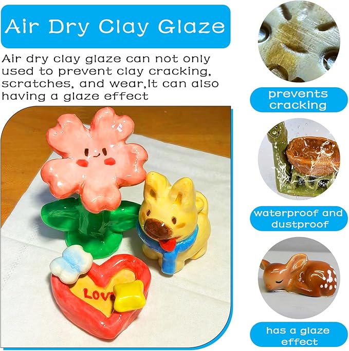 2 x 100ml Air Dry Clay Glaze, Clay Glaze Air Dry for Airdry Clay, Air Dry Clay Varnish Can Not Only Used to Prevent Clay Cracking, Scratches, and Wear,It Can Also Having a Glaze Effect (Gloss+Matte)