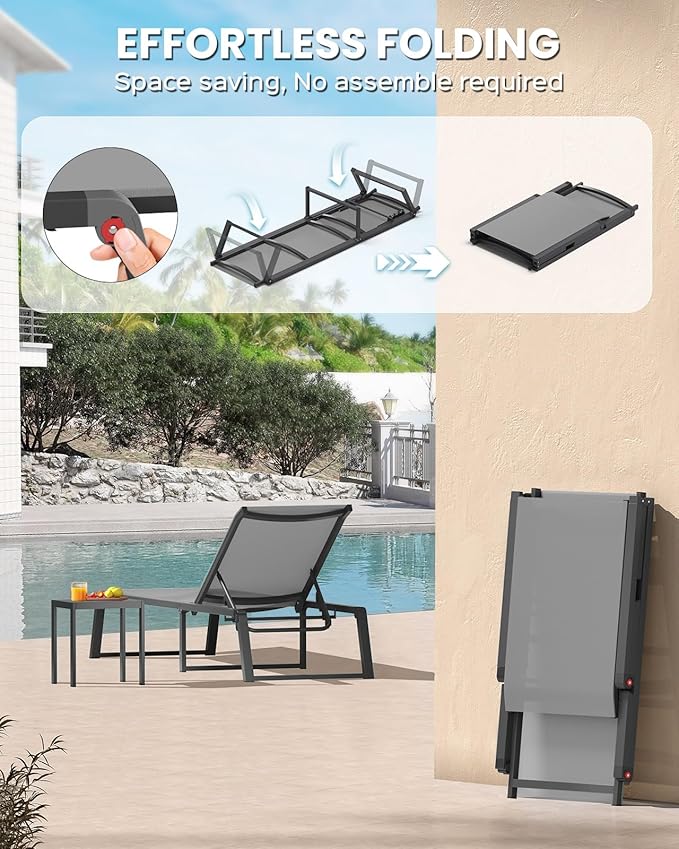 Aluminum Chaise Lounge Outdoor Set of 2, Foldable & No Assembly Patio Pool Lounge Chairs 5-Position Recliner for Outside Poolside, Fully Grounded Legs Sun Lounger for Beach, Dark Grey