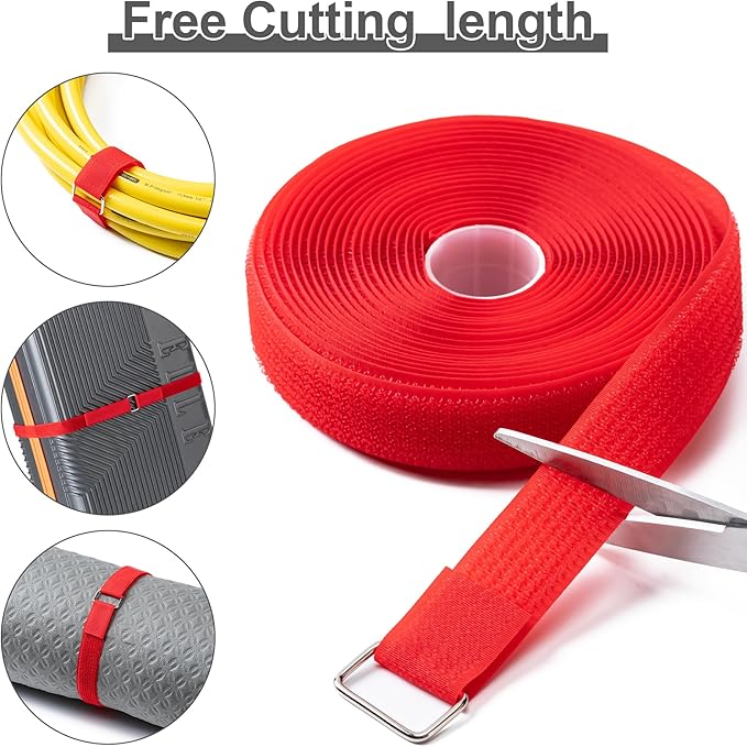 1" x32Ft Hook and Loop Straps with 50 Metal Buckles, Adjustable Fastening Cable Straps, Free Cut Length, Reusable Nylon Cable Ties for Organizer or Storage, Red