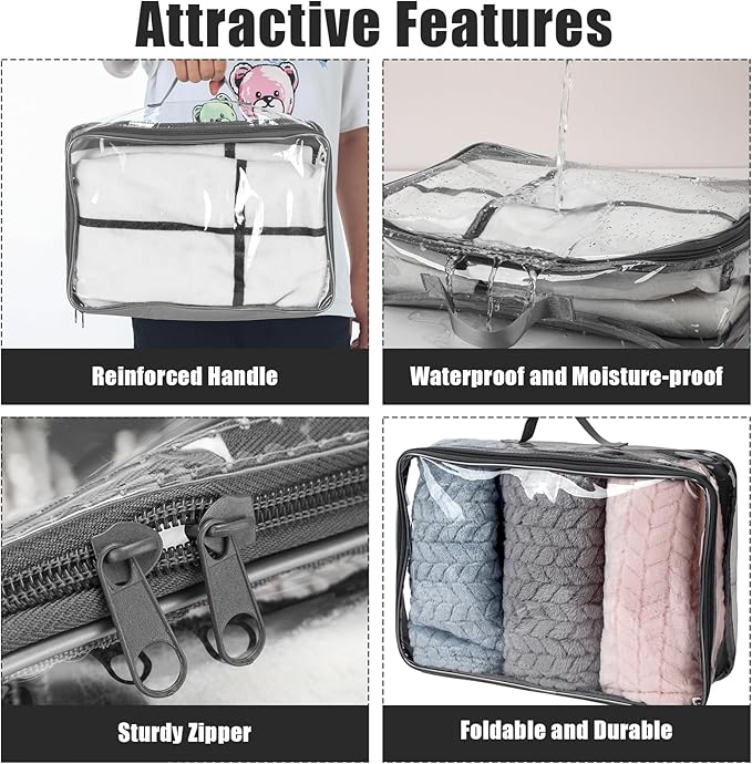 6 Pieces Large Clear Travel Packing Cube Clear Vinyl Zippered Storage Bags See Through Moving Bag PVC Multipurpose Pouch with Handle for Suitcase Shirts Dress Storage (Gray, 15.8 x 10.2 x 3.9 Inch)