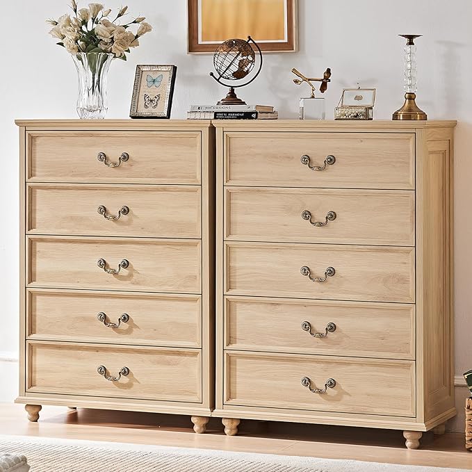 Farmhouse 5 Drawer Dresser for Bedroom, 45" Tall Vinatge Chests of Drawers w/ 4 Solid Gourd Feet, Mid Century Modern Boho Wood Closet Storage Dressers Organizer for Living Room, Natural Oak