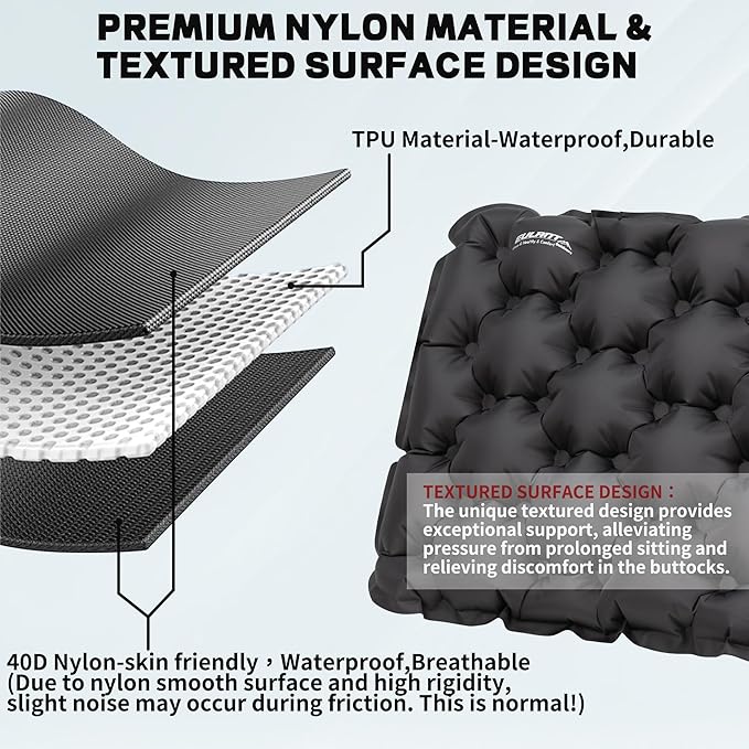 EULANT Inflatable Seat Cushion Lightweight Compact Stadium Seat Pad Camping Travel Air Seat Cushion for Airplane Hiking Bleachers Office Home Sports Events(Black)