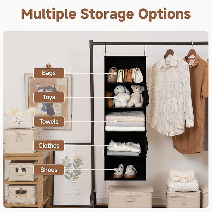 StorageWorks 5-Shelf Hanging Closet Organizers, Foldable Closet Storage Organizer with 2 Side Pockets, Portable Hanging Shelves for Clothes, Sweater, Towels, 12 1⁄2" D x 15" W x 48" H, Black
