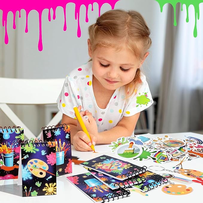 49Pcs Art Paint Party Supplies Art Paint Party Favor 24 Paint Splatter Notepads 24 Keychains Stickers Neon Paint Party Decorations Colorful Graffiti Art Painting Birthday Gifts Rewards