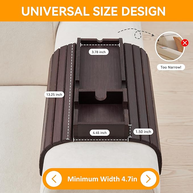 GEHE Bamboo Couch Cup Holder, Anti-Spill Sofa Arm Tray, Natural and Easy to Clean Couch Arm Cup Holder Armrest Tray Perfect for Cups, Beers, Snacks, Remote Control, Drinks