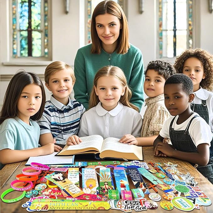 128Pcs Christian Christmas Party Favors Religious Gifts for Kids, With Bible Verse Bookmarks Cross Charm Keychains Jesus Bracelets Badge Stickers, for Sunday School Classroom Reward Prize
