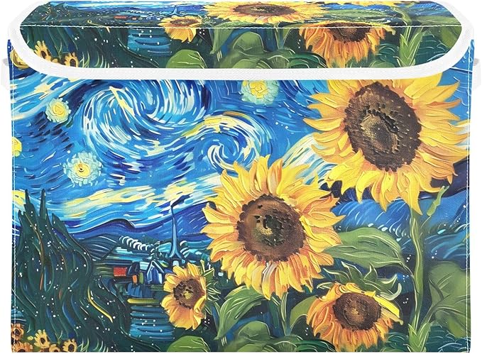 senya Large Storage Bins with Linen Collapsible Foldable Storage Cubes Fabric Closet Organizer Containers box with Flip-Top Lid for Home Bedroom Office 16.7 x 12.6 x 11.8in (Sunflowers Sky)