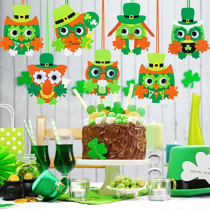 24 Sets St. Patrick's Day Decorations Owl Shamrock Ornaments DIY St. Pat's Craft Kits Assorted Owl Four-Leaf Clover Irish Lucky Shamrock Foam Stickers for Kids Classroom Home Activity Gift Art Project