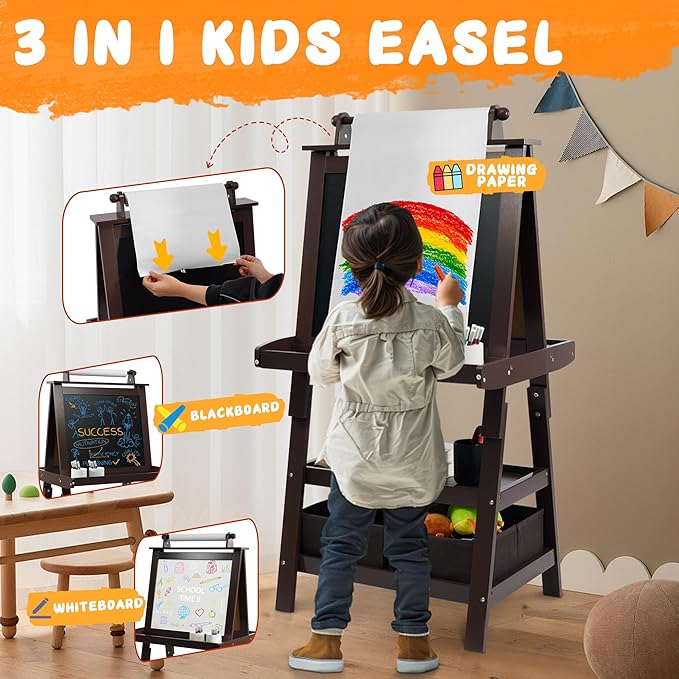 Elevon Art Easel for Kids, Wooden Kids Easel 3 in 1 Adjustable Double Sided, Whiteboard, Chalkboard & Paper Roll, 2-Tier Rack w/ 2 Storage Boxes, Standing Easel for for Painting & Drawing