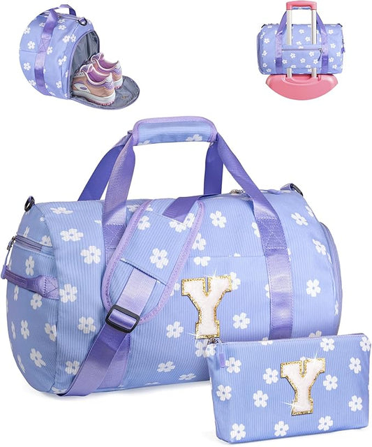 Gift for Sporty Cheerleader Girl, Girls Gym Bag, Kids Personalized Dance Bags with Shoe Compartment, Customized Travel Duffle with Toiletry Bag, Party Favors for Teenager (Letter Y)