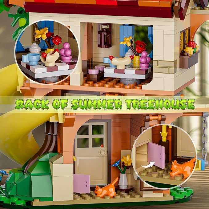 Treehouse Building Blocks Set, Natural Eco Cozy Cottage Educational Toy, Tree House Architecture Sets with Animals, Slide, Swing, Seesaw, Bicycle, Gifts for Kids, Girls and Boys Ages 8 Plus