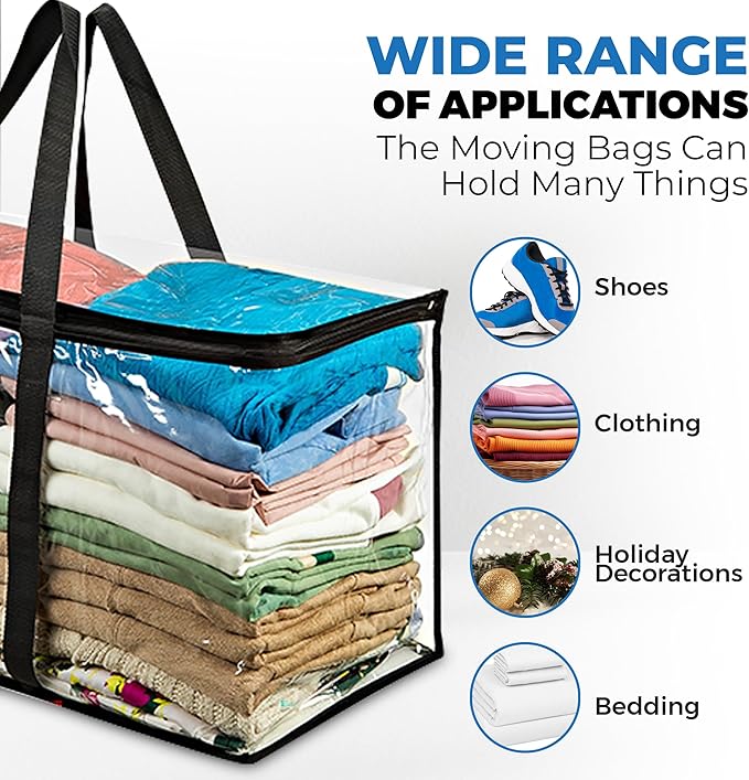 4 Pack Clear Large Moving Bags, Heavy Duty Storage Bags, College Totes, Storage Bins, for Organizing Blankets, Clothing for College, Dorm, Packing, Durable with Zipper and Handle 25x14x12