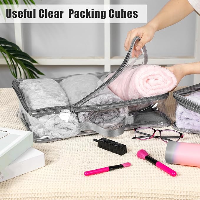 6 Pieces Large Clear Travel Packing Cube Clear Vinyl Zippered Storage Bags See Through Moving Bag PVC Multipurpose Pouch with Handle for Suitcase Shirts Dress Storage (Gray, 15.8 x 10.2 x 3.9 Inch)