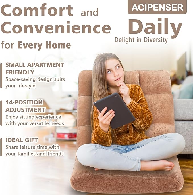 Folding Floor Chair 14-Position Cushioned Adjustable Floor Lazy Sofa Chair w/Breathable Cotton & Skin-Friendly Flannel for Adults & Kids Ideal for Reading Meditating, Camel