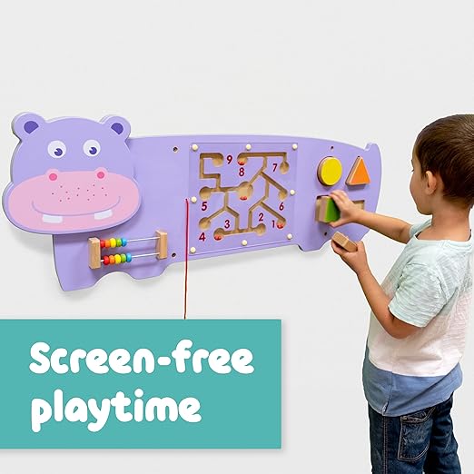 SPARK & WOW Hippo Activity Wall Panel | Ages 18m+ | Montessori Sensory Wall Toy | 3 Activities | Busy Board | Toddler Room Decor