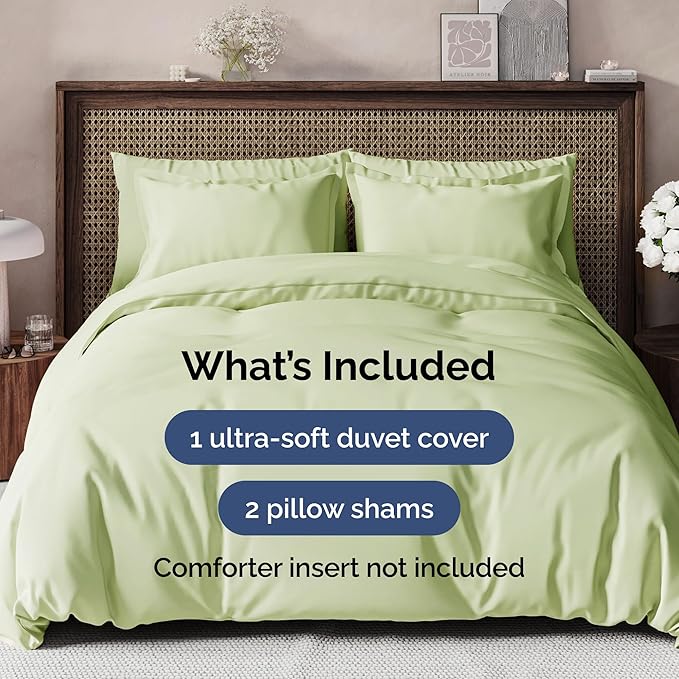 CGK Unlimited Duvet Cover Full Size Set - Extra Soft Full Size Duvet Cover 80 x 90 with 2 Pillow Shams - Hotel Quality w/Zipper Closures & Ties - Bedding and Bed Linens Set (Light Sage Green)