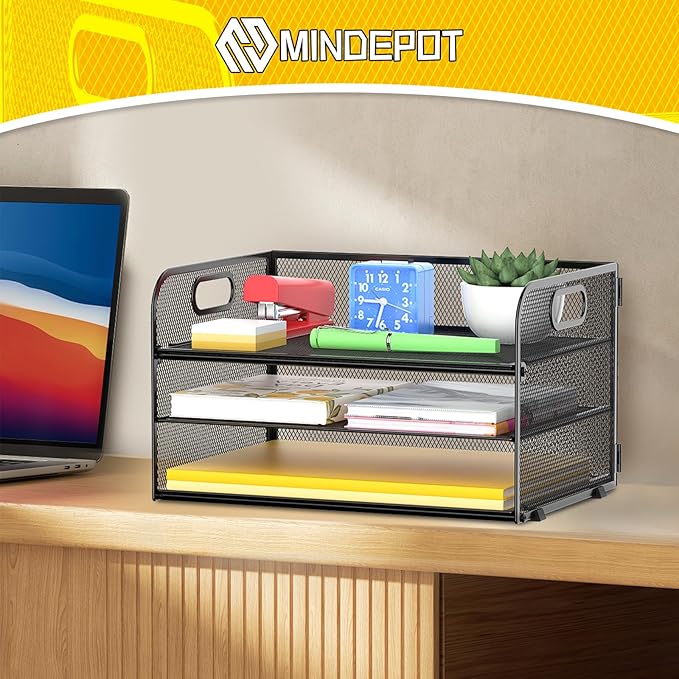 MINDEPOT 3-Tier Paper Letter Organizer Tray with Handle, Mesh Desk File Organizer for Office, Home, School - 2 Pack, Black
