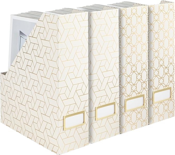 BLU MONACO | Cardboard Magazine File Holder Set of 4 | Vertical Magazine File Holder for Desk and Shelves | Cream Gold Foldable Magazine Holders with Label Slots
