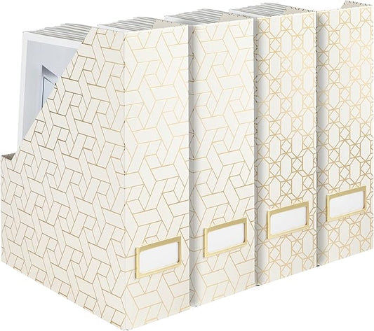BLU MONACO | Cardboard Magazine File Holder Set of 4 | Vertical Magazine File Holder for Desk and Shelves | Cream Gold Foldable Magazine Holders with Label Slots