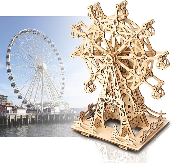 auryee Solar 3D Wooden Puzzle Ferris Wheel DIY Model Kit Craft Sets Educational Wood Mechanical Building Toys for Adult Men Kids Age 8 10 12 14＋