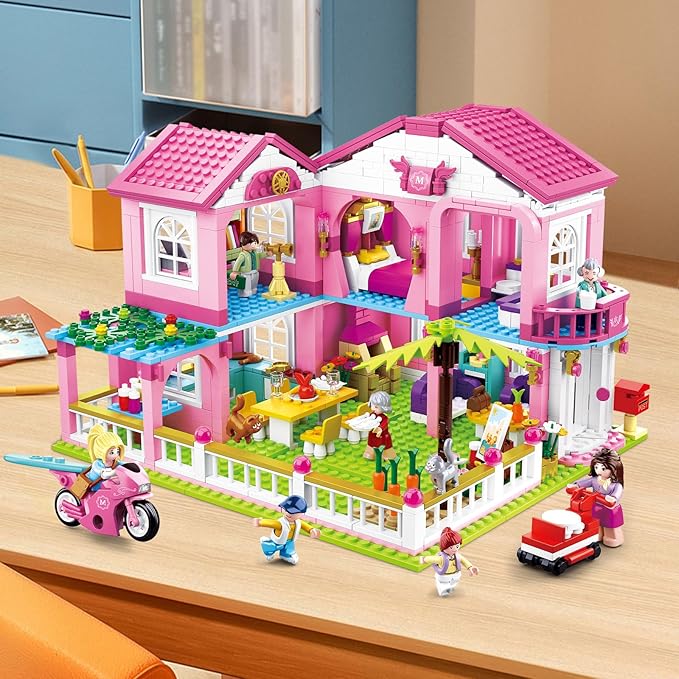 Sluban Friends Beach House Building Sets for Girls 6-12, Seaside Villa House Compatible with Lego Friends, Come with 7 Minifigures Dolls, Motorcycle and Kitchen Accessories, STEM Educational Toy