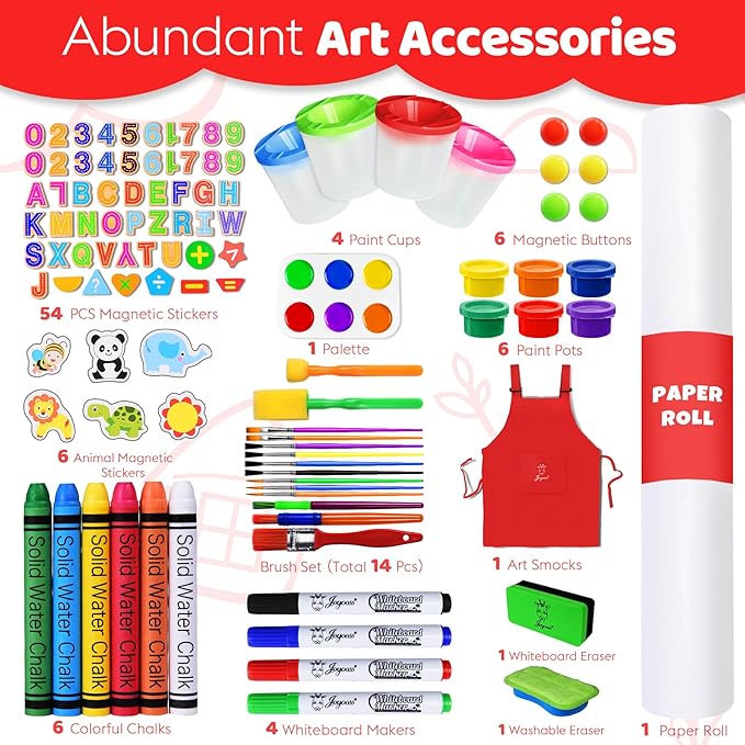 Joyooss Art Easel for Kids Easel for Toddlers, Adjustable Standing Double Sided Toddler Easels Kids Chalkboard Kid Easel with Paper Roll & Whiteboard, Art Easel for Kids Age 4-8 9-12 Kids Art Easel