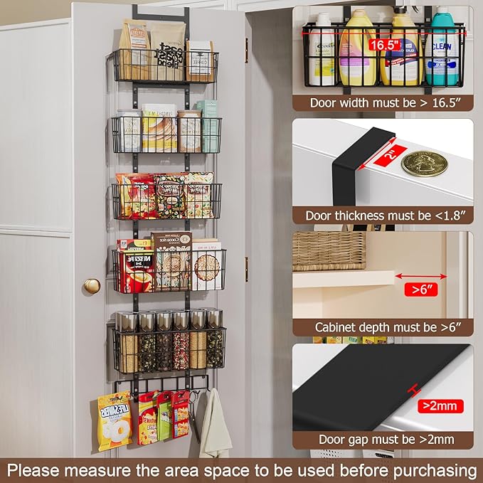 Hongtamoya Adjustable Over The Door Organizer, Metal Hanging Door Organizer with 5 Wire Basket 7 Hooks, Wall Mounted Shelf for Pantry Laundry Organization and Storage, Black