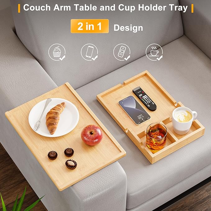 Bamboo Couch Cup Holder Tray - 2 in 1 Couch Armrest Table with Be Slide-Away Detachable Double Holder - Sofa Armchair Caddy for Drinking Snacks iPad TV Remote