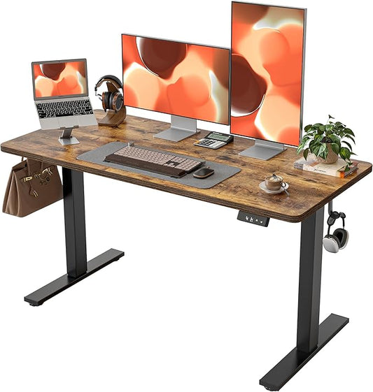 TIQLAB Standing Desk 55 x 24 inch, Electric Height Adjustable with Splice Board, Stand Up Desk, Sit Stand Desk Computer Desk for Home Office, Black Frame/Rustic Brown Top