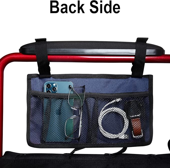 Wheelchair Side Bag, Armrest Storage Pouch with Cup Holder and Reflective Strip Use of Waterproof Fabric, for Most Wheelchairs, Walkers or Rollators (Blue)