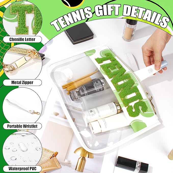 BuyCard Tennis Gifts Makeup Bag with Chenille Letter Patch, Clear Cosmetic Pouch PVC Organizer Purse, Waterproof Travel Bag, Portable Toiletry Storage Bag for Her Friends