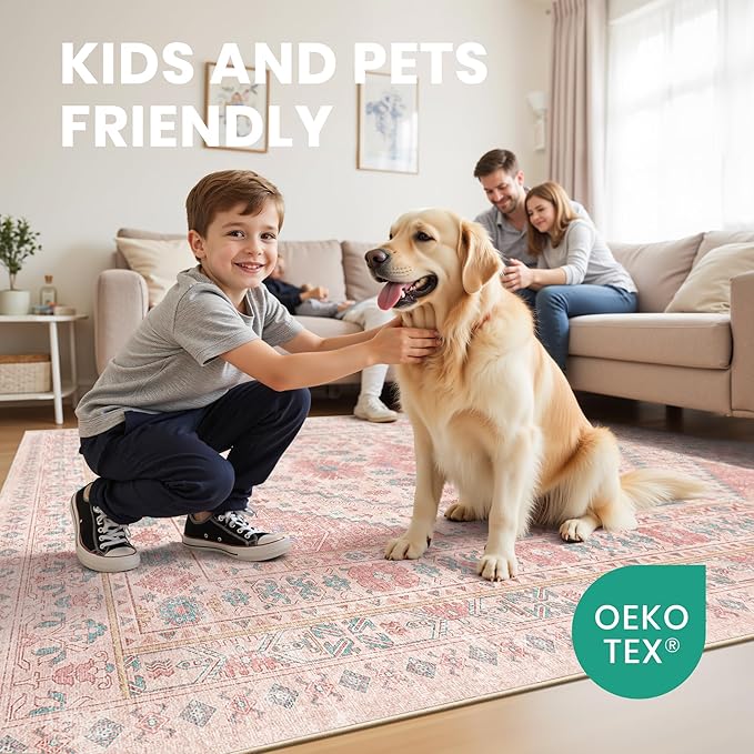 zesthome 7x9 Washable Rugs for Baby Girl, Super Soft Pink Rugs for Nursery Room, Non-Slip Stain Resistant Bedroom Rug, Ultra-Thin Large Area Rug (Pink/Blue,7'x9')