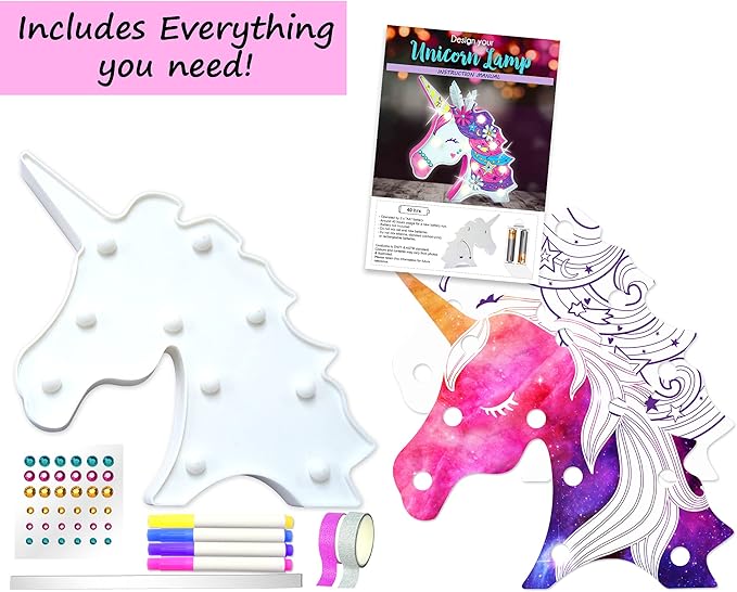 KRAFUN Easy DIY Unicorn LED Night Light Kids Lamp Kit for Girl Crafts – My First Beginner Arts and Crafts Gift, STEM STEAM Toys Painting Lamp with Marker for Age 5 6 7 8 9 10 11 12 Year Old