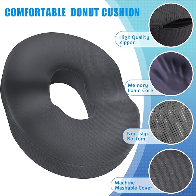 BlissTrends Donut Pillow Seat Cushion, Donut Chair Cushions for Postpartum Pregnancy & Hemorrhoids, Tailbone Pain Relief Cushion, Memory Foam Lifting Cushions for Office & Home Chairs (Grey, X-Large)