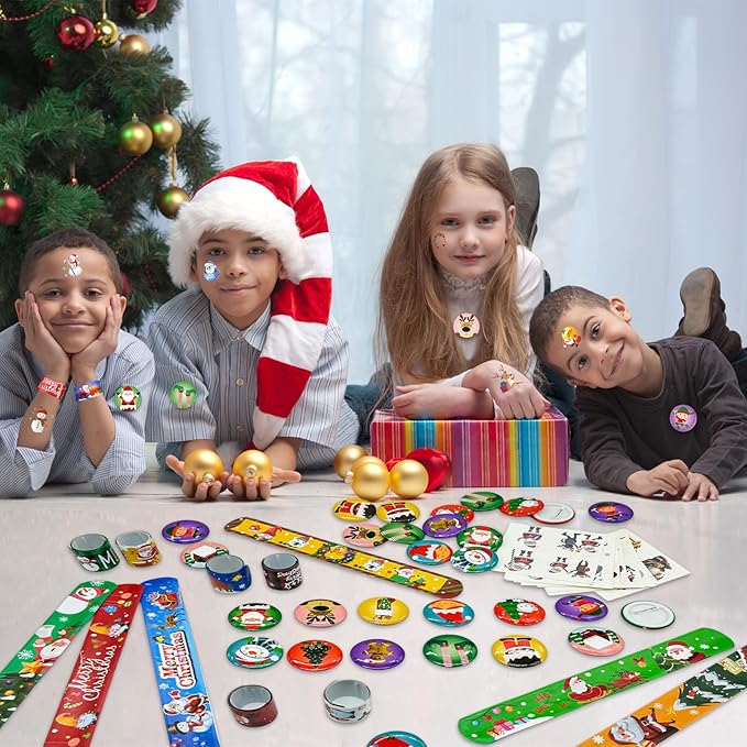 Cinrobiye 144pcs Christmas Slap Bracelets Button Pins Tattoo Stickers Christmas Snap Bracelets Xmas Badges Party Favors Supplies for Holiday School Reward Goodie Bag Stocking Stuffers Fillers(Set 1)