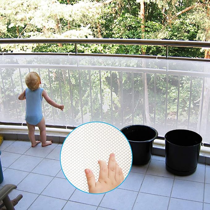 Child Safety Net - 10ft L x 2.5ft H, Balcony, Patios and Railing Stairs Netting, Safe Rail Net for Kids/Pet/Toy, Sturdy Mesh Fabric Material (White)