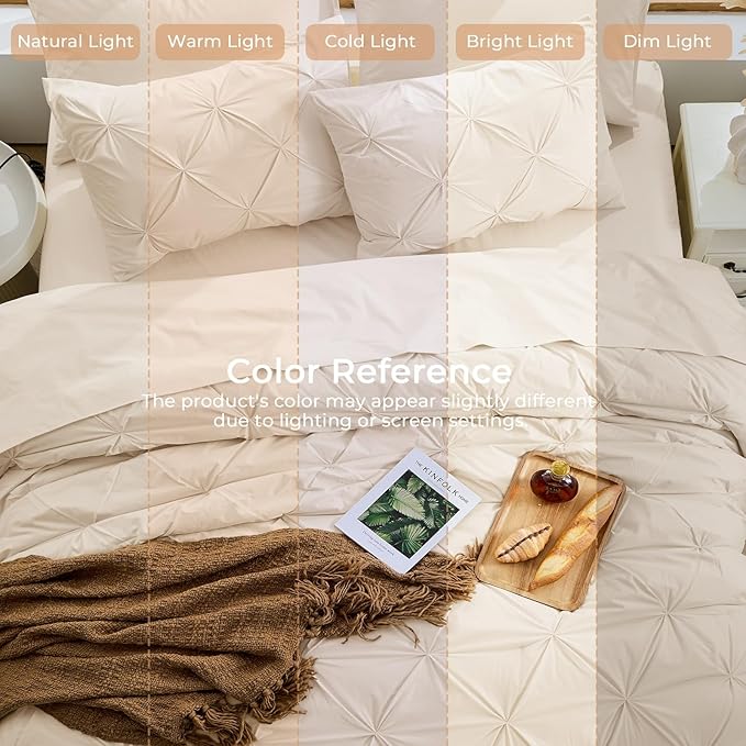 Sasttie California King Comforter Set, 7-Piece Bed in a Bag Cal King, Pintuck Bedding Set for All Season, Includes Comforter, Flat Sheet, Fitted Sheet, Pillowcases and Pillowshams, Warm Beige