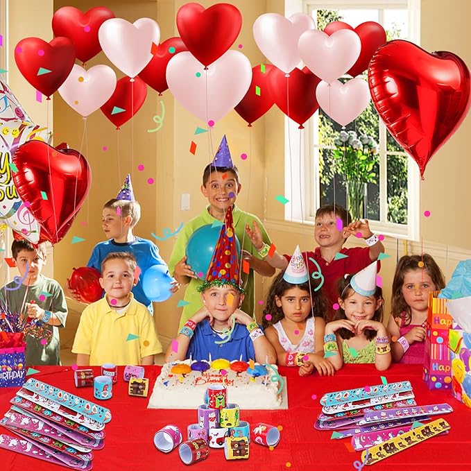 JUNEBRUSHS 56 Pack Valentines Slap Bracelets, Valentines Day Party Favors for Kids Valentines Slap Bands Wristbands Snap Bracelets Bulk for Boys Girls Birthday Gifts Party Supplies