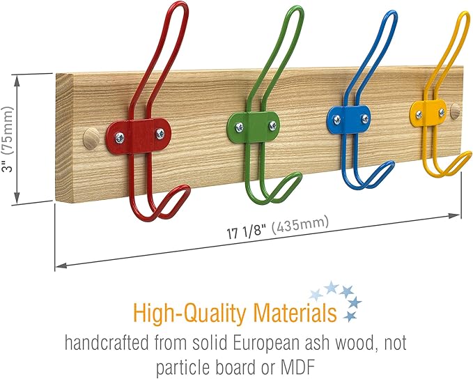 Kids Coat Hook Rack for Boys and Girls for Jackets Clothes Hats Backpacks Robes and Towels - Kids Hanger for Use in Nursery Bedroom and Bathroom - Colorful Wire Hooks and Lacquer Rail