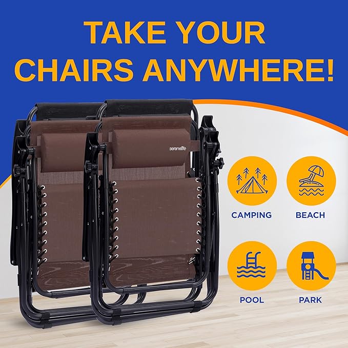 SereneLife Zero Gravity Outdoor Lounge Chairs 2 Pack – Folding Recliners with Side Table, Cup Holder & Padded Headrest – Adjustable Patio Chairs for Lawn, Garden, Deck, Camping (Brown)