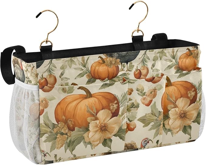 Thanksgiving Turkeys Pumpkin Beige Bedside Caddy for Dorm Bed Bedside Hanging Caddy Bag Iron Frame Storage Organizer Pocket for Bunk Home College Hospital Beds 2 Hooks