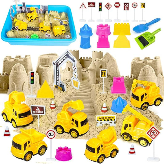 Hymaz Construction Sensory Bin, 33 pcs Construction Toys Sensory Bins for Kids 2-4 5-7, Sandbox with lid Sand Castle Building kit, Kids Play Sand for Sandbox Toys, Sand Kit for Xmas Birthday Gift