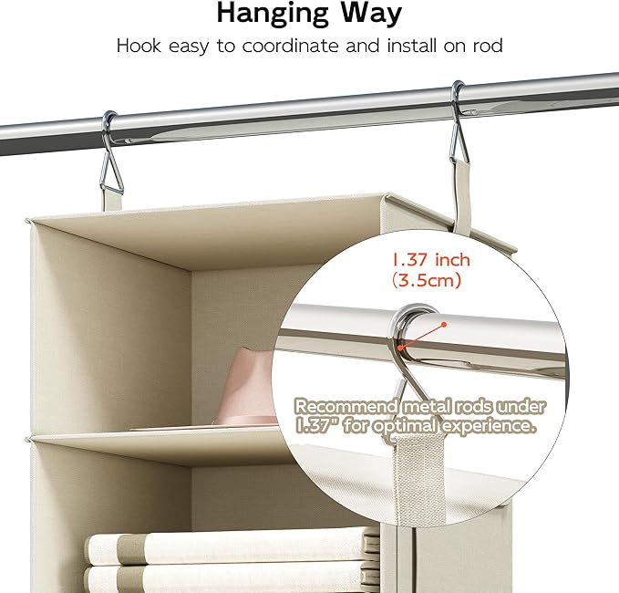 Vailando 6-Shelf Hanging Closet Organizer with 3 Drawers, 2 Separable 3-Shelf Closet Organizers and Storage for Wardrobe Organization, Hanging Dresser for Nursury & Dorm Clothes Organizer, Beige