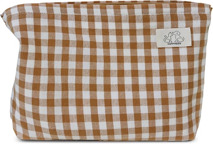 HAPPYHEIDI Khaki Gingham Cotton Makeup Bag Cosmetic Travel Pouch with Bottom, Make Up Purse Organizer, Zipper Closure, Canvas Lined…